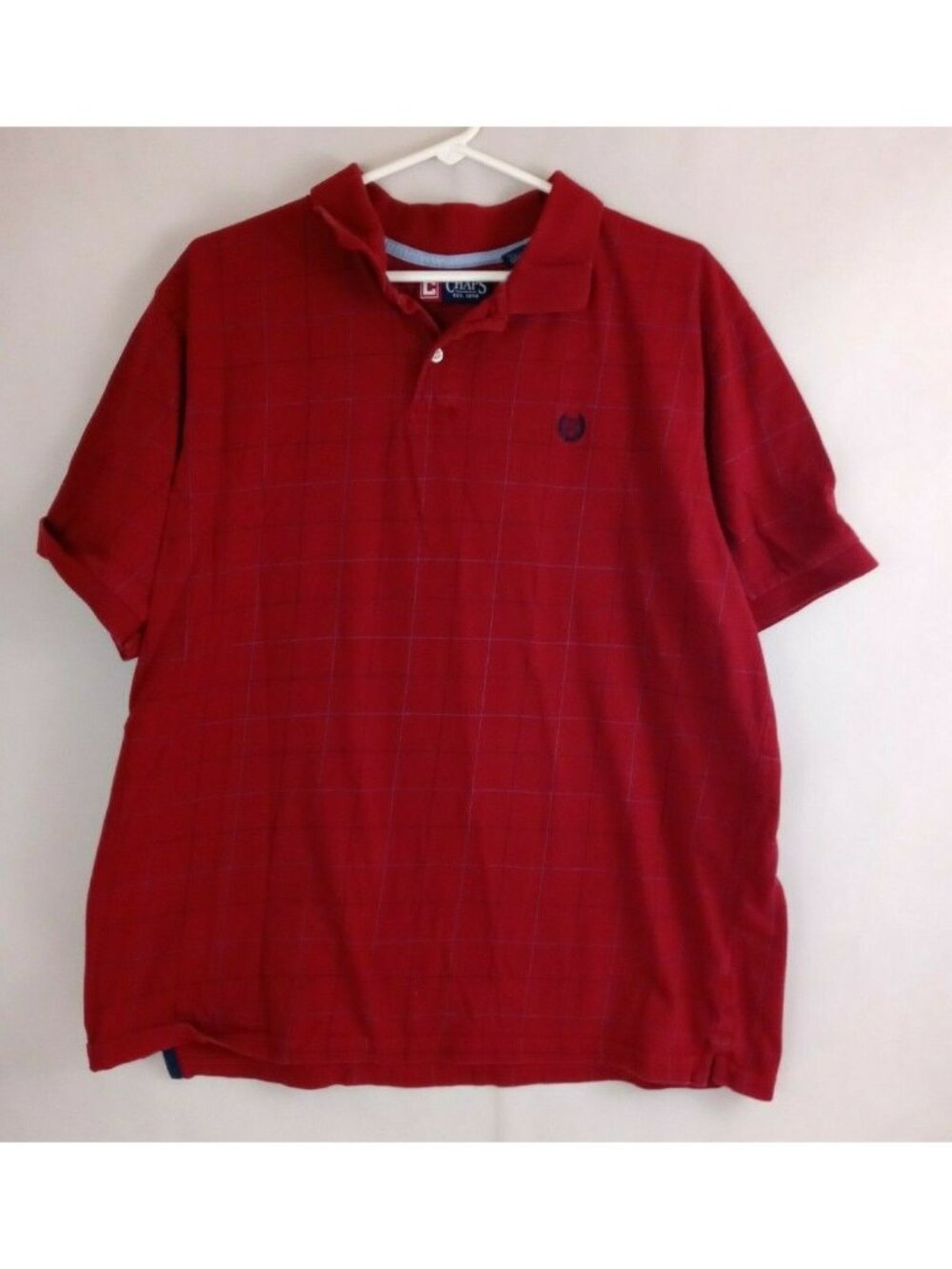 Chaps Men's Red Polo Shirt With Black & Blue Plaid Design Size XL